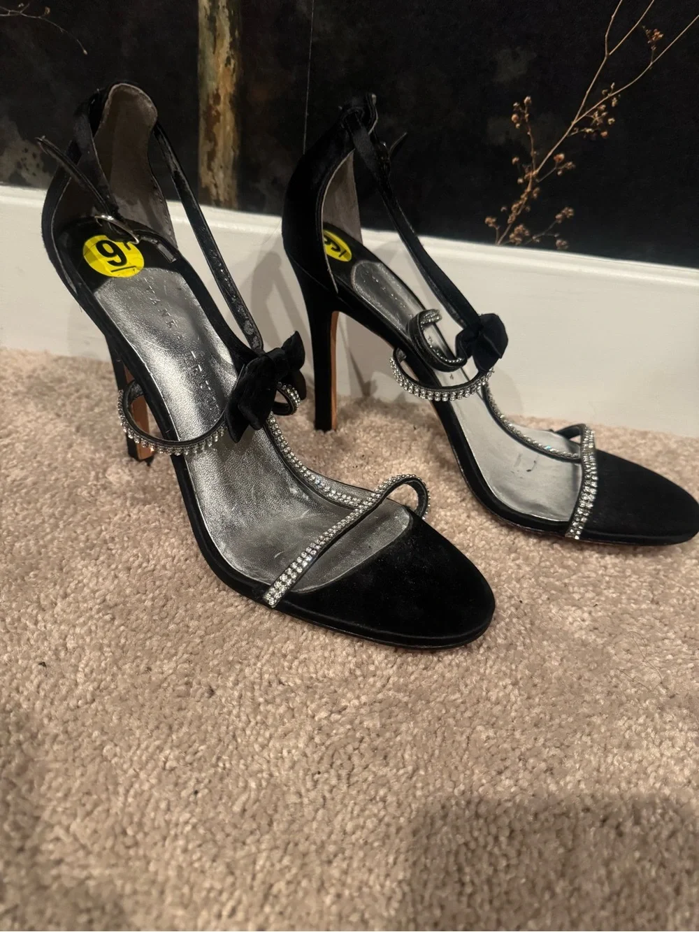 Ivanka Trump Black Rhinestone Bow T-Strap Stiletto Sandals